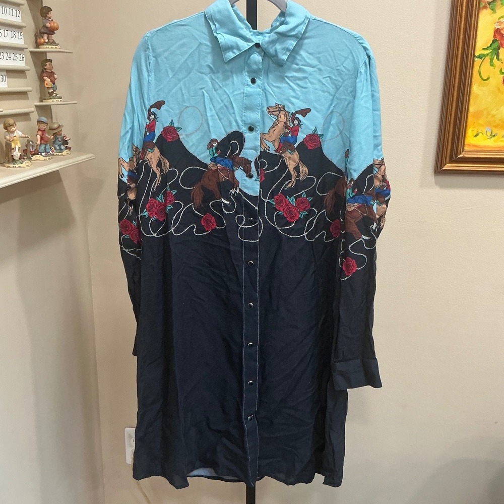 Roper Shirt Dress Large Blue Black Cowgirl Horse Rose Western Snap Front Rayon